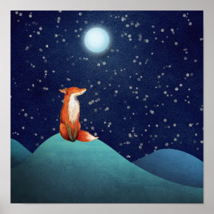 Poster Renard charmant assis sous une Pleine lune