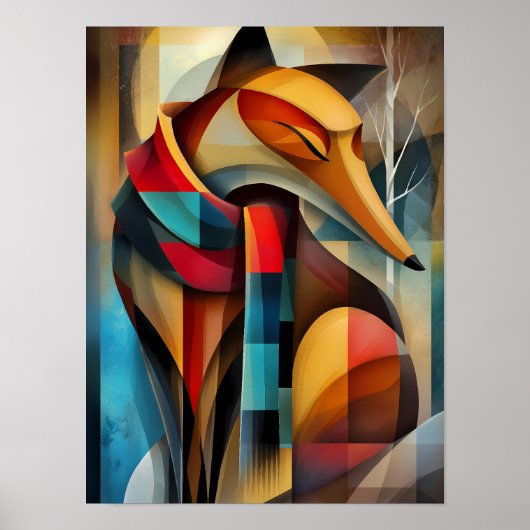 Poster Renard Charmant – Élégance Cubiste dans une Écharp (Devant)