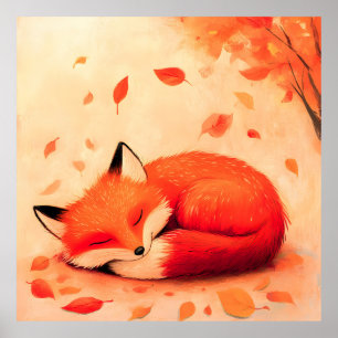 Poster Renard couché dans la forêt d'automne