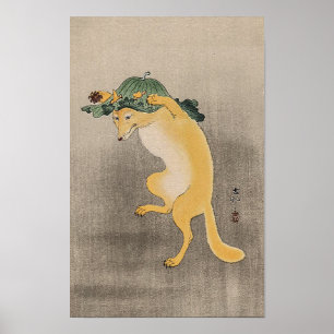Poster Renard dansant vintage avec chapeau feuille de lot