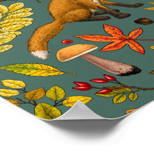 Poster Renard d'automne sur pin vert (Coin)