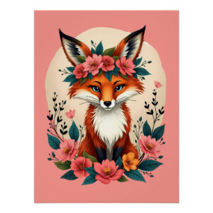 Poster Renard de Boho Whimsical avec forêt de Couronne Fl