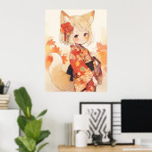 Poster Renard de Kawaii avec Kimono (Bureau à domicile)