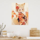 Poster Renard de Kawaii avec Kimono (Cuisine)