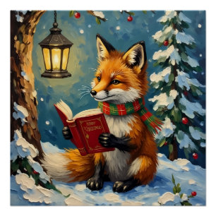 Poster Renard d'hiver vintage lisant à la lumière d'une l