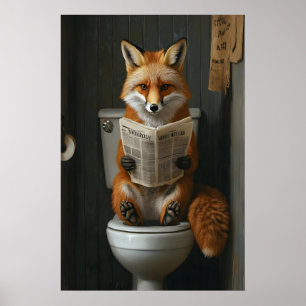 Poster Renard drôle lisant un journal sur les toilettes,