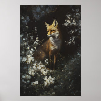 Poster Renard enchanté du bois blanc Fleurs sauvages Art