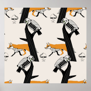 Poster Renard, hibou, arbre, vintage sans soudure.