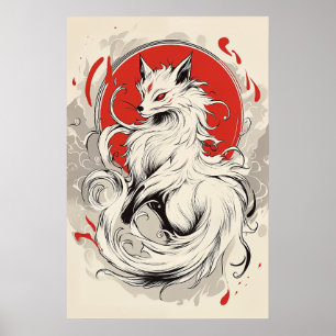 Poster Renard japonais blanc Kitsune