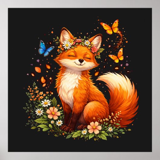 Poster Renard Mignon Avec Fleurs (Devant)