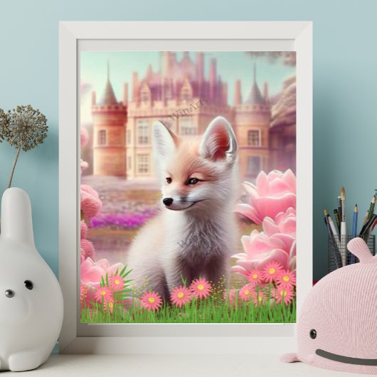 Poster Renard mignon dans un jardin de château de conte d