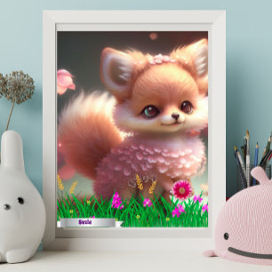 Poster Renard mignon dans un jardin de fleurs roses Perso