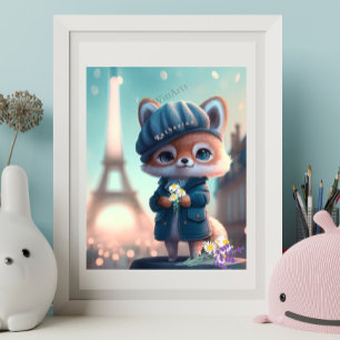 Poster Renard Mignon en Bleu, Tour Eiffel Paris Personnal