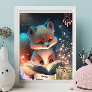 Poster Renard mignon lisant un livre Art de pépinière per