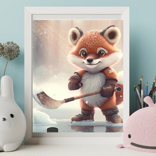 Poster Renard orange mignon jouant au hockey sur glace Ar