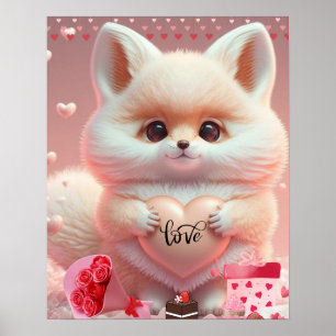 Poster Renard orange mignon tenant un cœur pour la Saint-