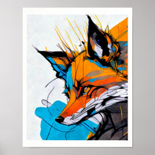 Poster Renard orange rouge couleurs vives formes lignes 