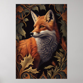 Poster Renard rouge avec Feuille | Elégant Art Floral Ani