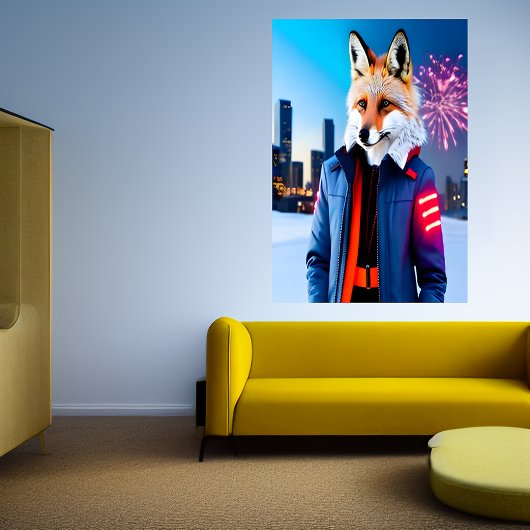 Poster Renard rouge avec uniforme et feu d'artifice | Art