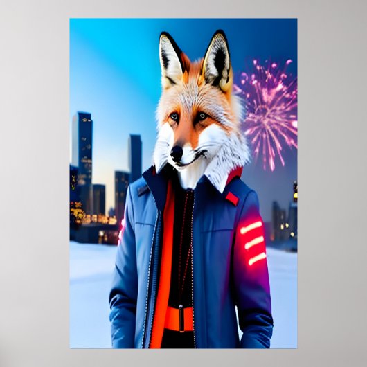 Poster Renard rouge avec uniforme et feu d'artifice | Art (Devant)