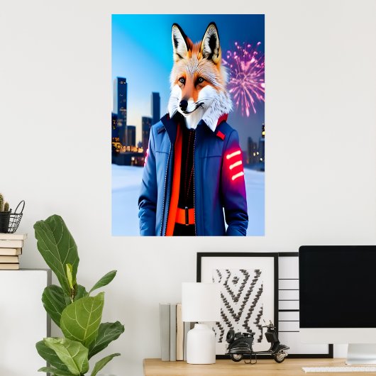 Poster Renard rouge avec uniforme et feu d'artifice | Art (Bureau à domicile)