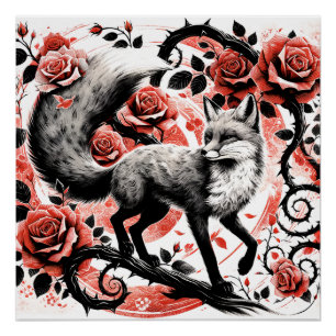 Poster Renard rouge et Roses avec Thornes Linocut
