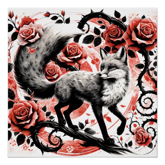 Poster Renard rouge et Roses avec Thornes Linocut (Devant)