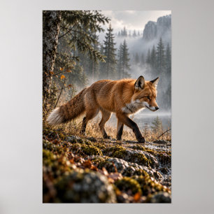 Poster Renard roux marchant à travers une forêt de montag