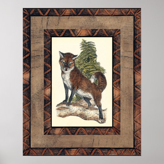 Poster Renard rustique sur un tronc d'arbre (Devant)