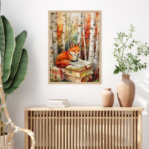 Poster Renard rustique vintage Livres Bois automne