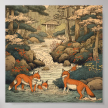 Renards dans le paysage japonais