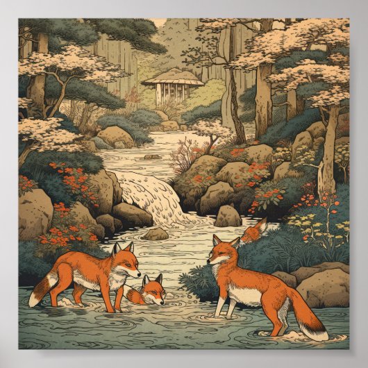 Poster Renards dans le paysage japonais (Devant)