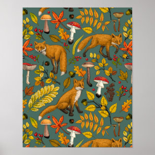 Poster Renards d'automne sur pin vert