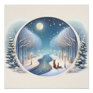 Poster Renards d'hiver au bord d'une rivière enneigée écl