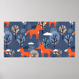 Poster Renards et arbres, fond dessiné à la main. Mer col