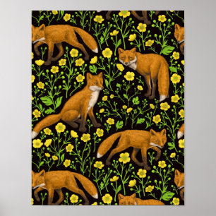 Poster Renards et papillons sur le noir