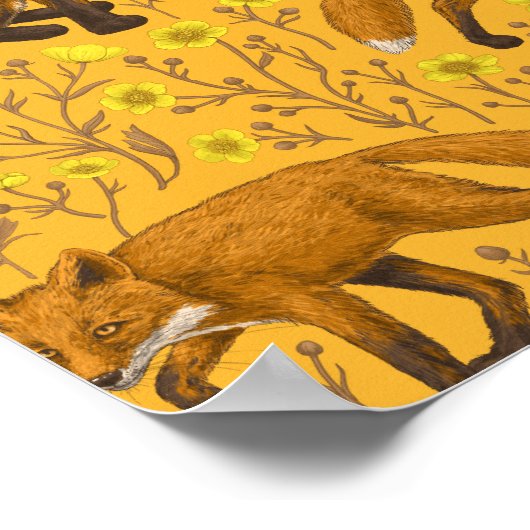 Poster Renards et papillons sur orange (Coin)