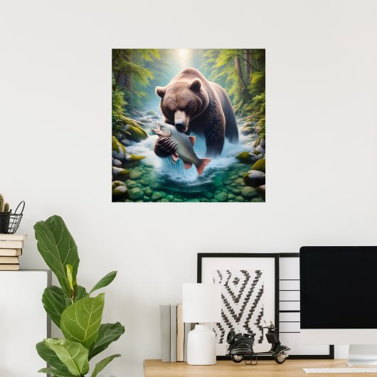 Poster Rencontre majestueuse : Ours et poisson en cours d (Bureau à domicile)