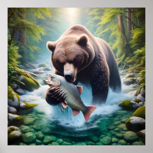 Poster Rencontre majestueuse : Ours et poisson en cours d (Devant)