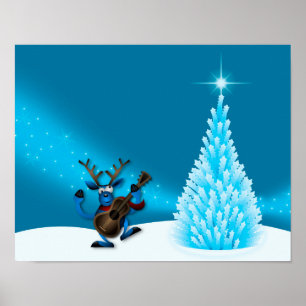 Poster Renne Dansant Guitare Joyeux Noël Arbre Bleu