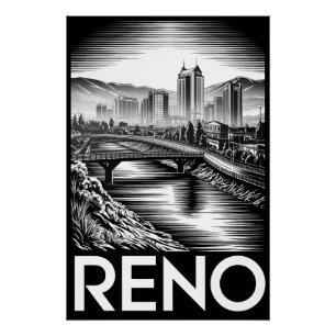 Poster Reno Nevada Skyline Noir Blanc Gravure sur Bois