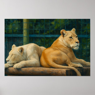 Poster Repos surveillé - Paire de lions dans le cadre du