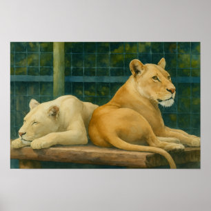 Poster Repos surveillé - Paire de lions dans le cadre du