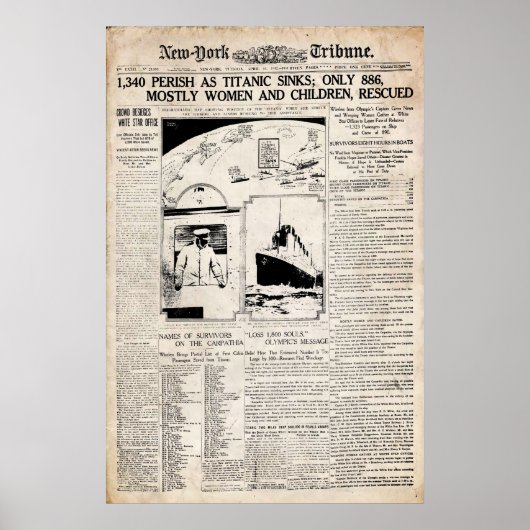 Poster Reproduction du journal Titanic New York Tribune (Devant)