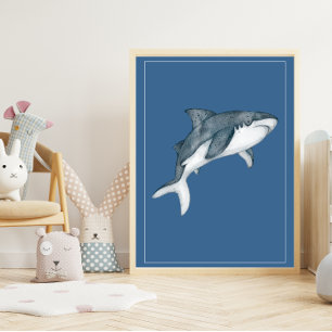 Poster Requin à l'aquarelle sur fond bleu pour la décorat