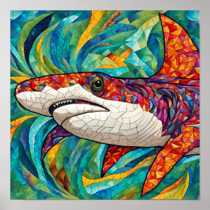 Poster Requin coloré en mosaïque dans le récif corallien