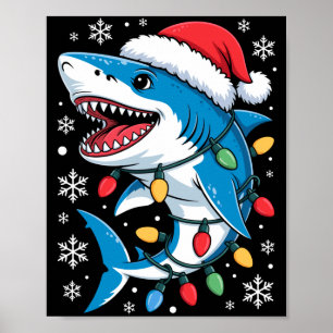 Poster Requin de Noël Chapeau de Père Noël Éclairé Lumièr