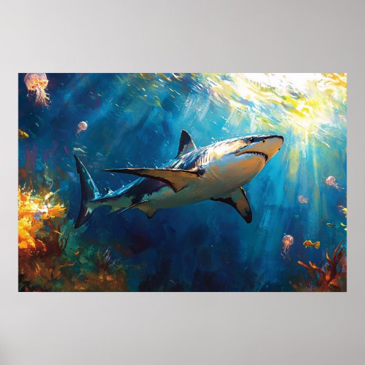 Poster Requin sous l'eau entouré de méduses (Devant)