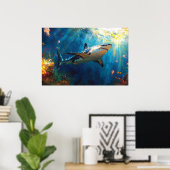Poster Requin sous l'eau entouré de méduses (Bureau à domicile)