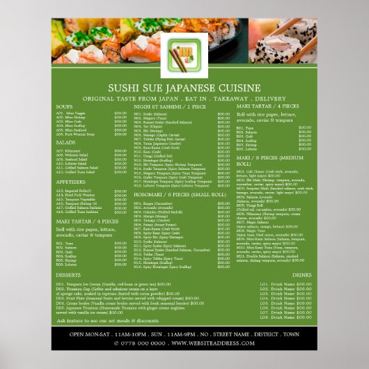 Poster Restaurant Japonais, Menu Sushi (Devant)
